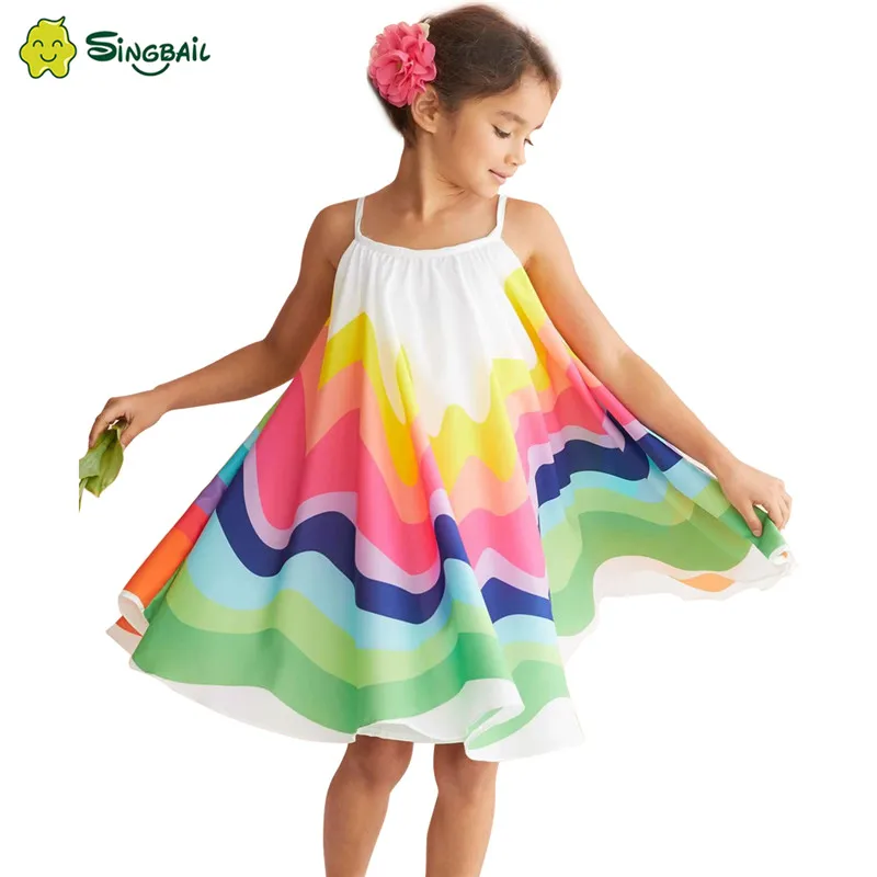 Summer New Girls Dresses Rainbow Sleeveless Princess Dress Baby Girl Christmas Clothes Kids Casual Beach Knee-Length 2020 | Детская