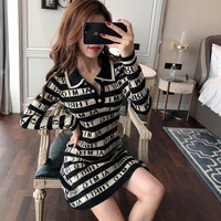 little fragrant wind polo dress waist was thinner long sleeved striped temperament sweater dress early autumn new 2021
