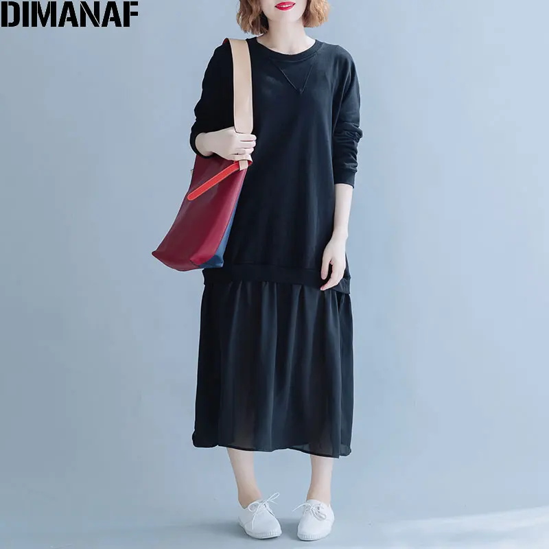 Женское шифоновое платье DIMANAF однотонное черное большого размера с длинным