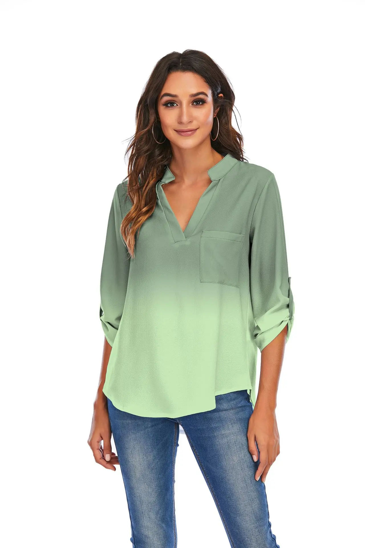 

Donsignet Fashion Women's Blouse New Casual V-neck Pullover Gradient Color Pockets Roll-over Sleeves Long-sleeved Chiffon Blouse