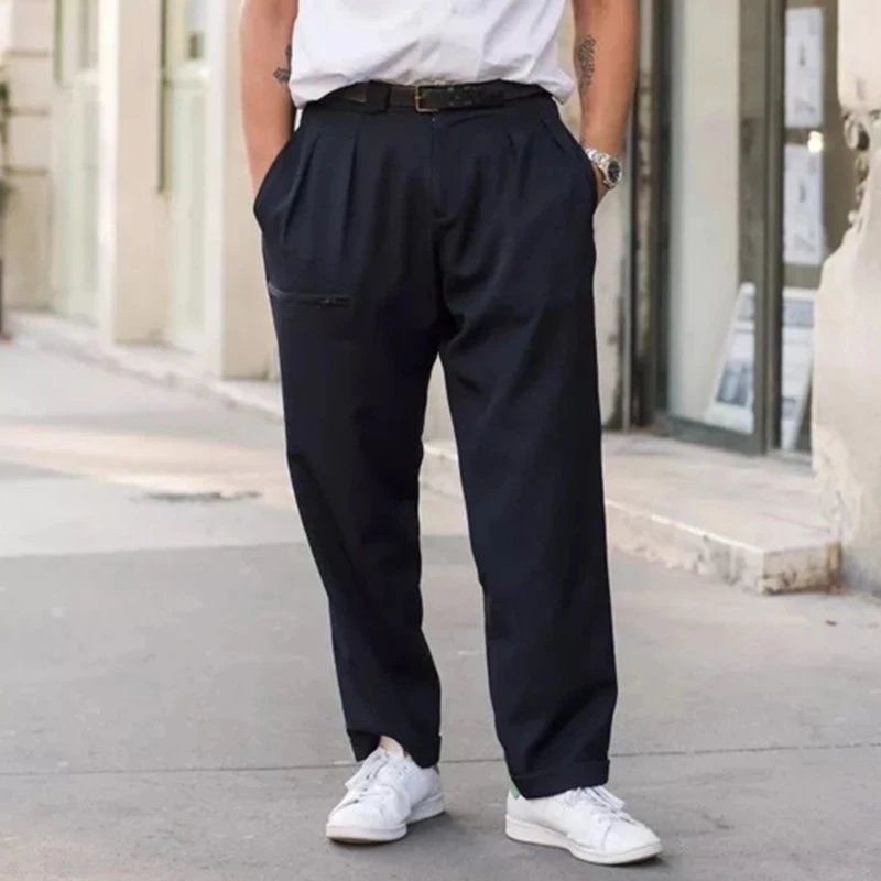 

Men's Casual Pants 2021 Cuff Trend High-end Custom Summer Pants Zipper Decoration Loose Straight Pants