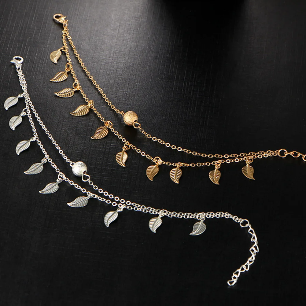 

Fashion Summer Beach 2 Color Double Leaves Pendant Anklet Foot Chain Bohemian Handmade Beads Anklets Foot Gothic Boho Jewelry