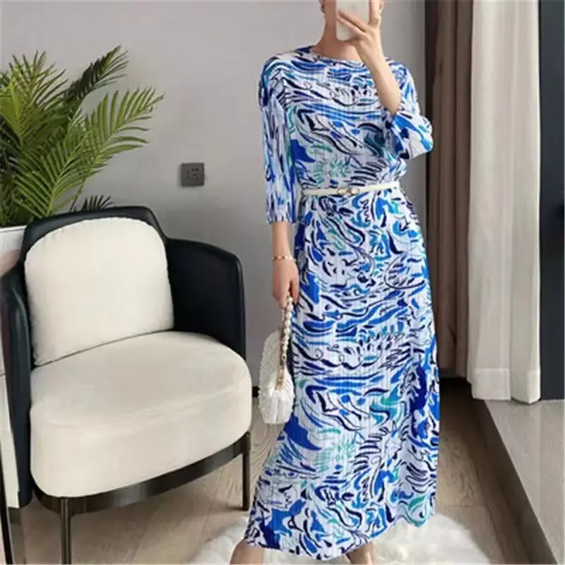 Платье женское Плиссированное с круглым вырезом и рукавом 2021