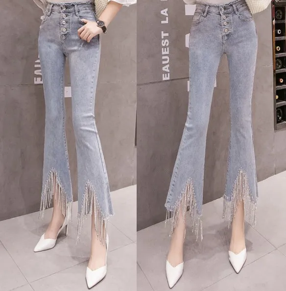 

Jeans Women with Diamond Chains Tassels Irregular Fur Trim Horn Pants Nine-minute Trousers Single-breasted Jeans Jeansy Damskie