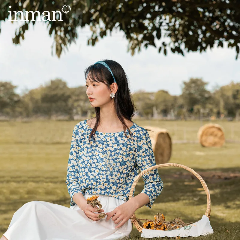 Осенняя винтажная женская рубашка INMAN хлопковые топы с круглым вырезом и рукавом