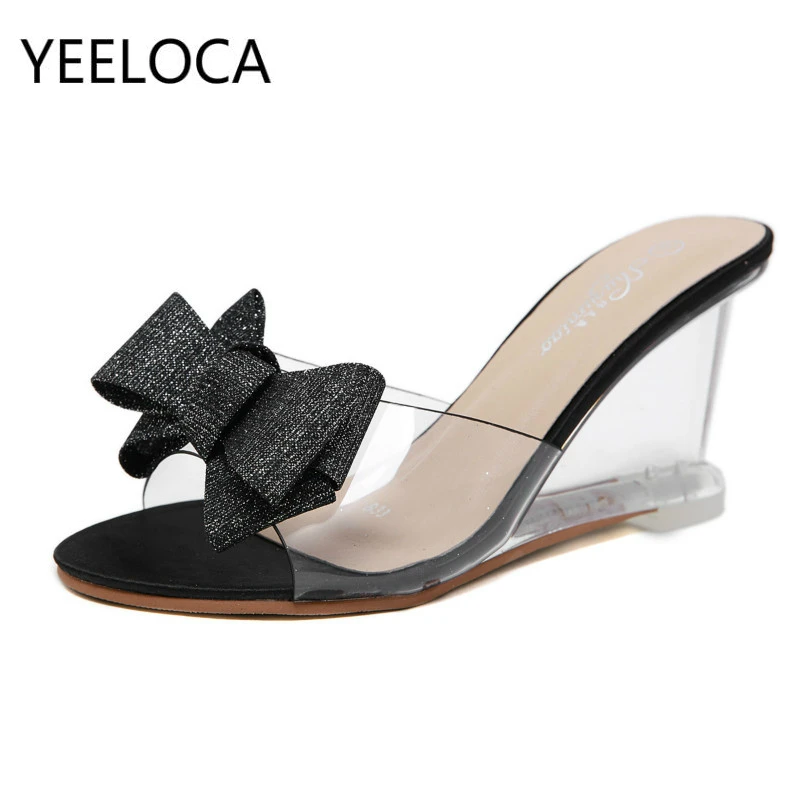 

Sexy Womens Transparent Wedges Sandals Bow-knot Slippers for Women 2019 Fashion Women's Summer Slippers Cute Jelly Shoes