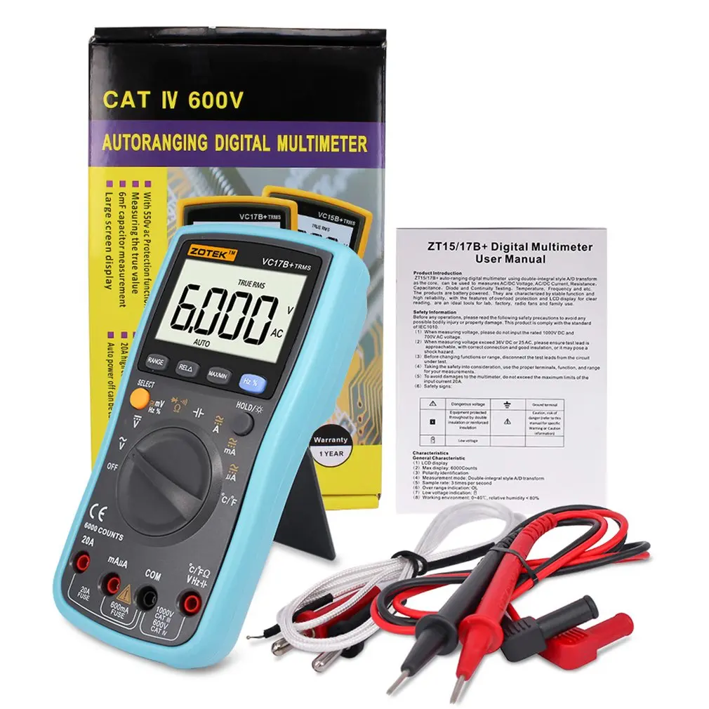 

ZOTEK VC17B 6000 Counts Digital Multimeter with Backlight AC DC Ammeter Voltmeter Ohm Capacitance Measuring Meter Tool