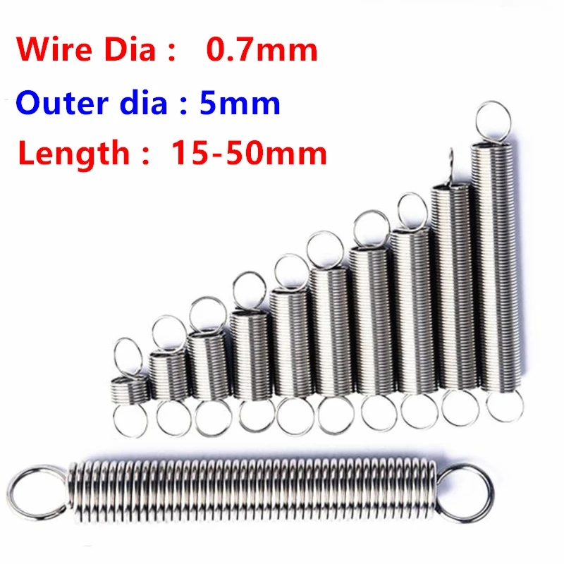 

10pcs Extension Spring 304 stainless steel Dual hook small Tension Spring Springs Wire dia 0.7mm Outer dia 5mm Length 15-50mm