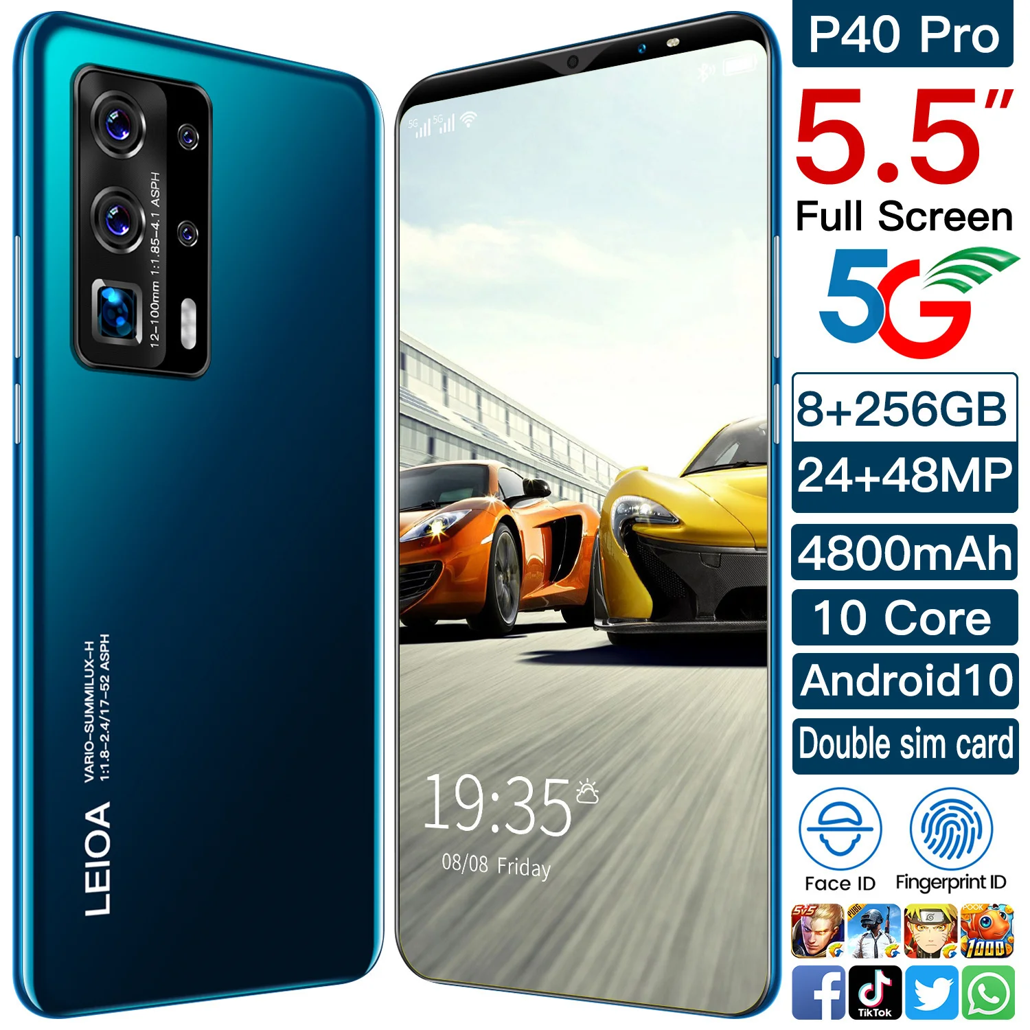 

Galxy P40 Pro 5.5 Inch Smartphone 8G+256GB 4800mAh Face ID Android 10.0 Cellphone 24+48MP 10 Core 5G Mobile Phone Support Google