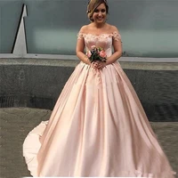 pink off the shoulder appliques satin ball gown prom dresses robe de soiree sweep train evening gowns pageant formal party dress