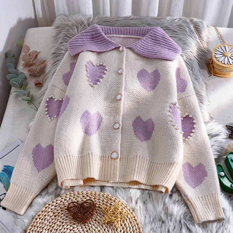 

Autumn Winter Women's Sweater Cardigan Turn Down Collar Sweet Temperament Long Sleeve Fashion Knitted Female Loose Casua Coat