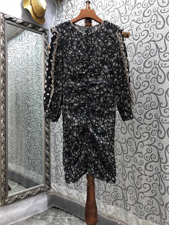 

2021 new women fashion round neck flower twisted wrinkle long sleeve skirt dress 914