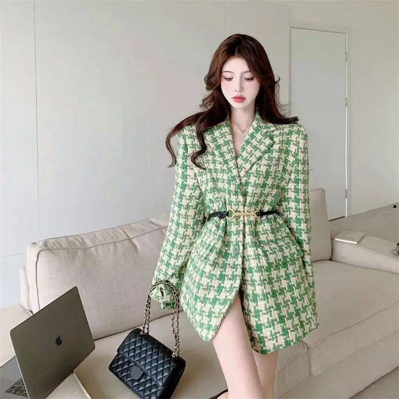 

Suit Jacket Women Thick Green Plaid Warm Outwear 2022 Spring Fall Fashion Plus Size S-4XL Suits Coat New Vintage Female Blazer