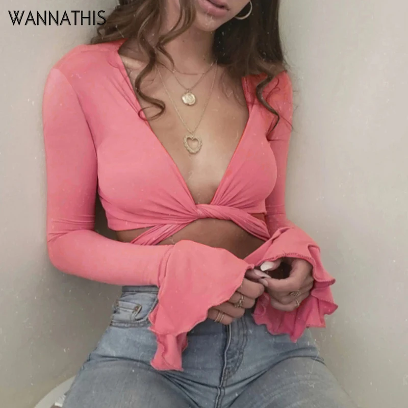 WannaThis с расклешенными рукавами глубокий v-образный вырез Асимметричная крест-накрест блузка выдалбливают эластичный тонкий короткий топ сексуальный осенний бант розовый женский топ
