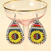european and american fashion stone trim daisy print faux leather teardrop dangle earrings for women party wedding jewelry