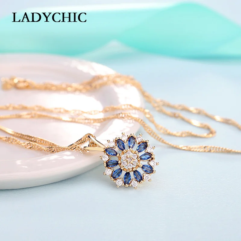LADYCHIC Синий Кристалл Шарм ожерелья и подвески цвет серебристый, золотой AAA качественный Цирконий цветочный дизайн для женщин Подарки LN1137