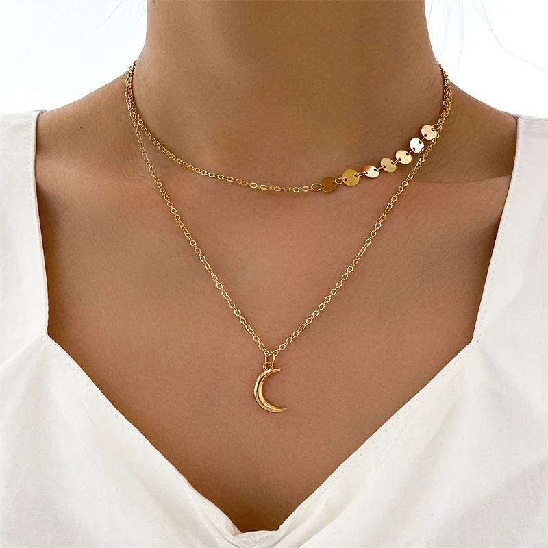 

Minimalist Design Crescent Moon Sequin Double Layer Clavicle Chain Pendant Necklace Fashion Women Glamour Jewelry Party Gift