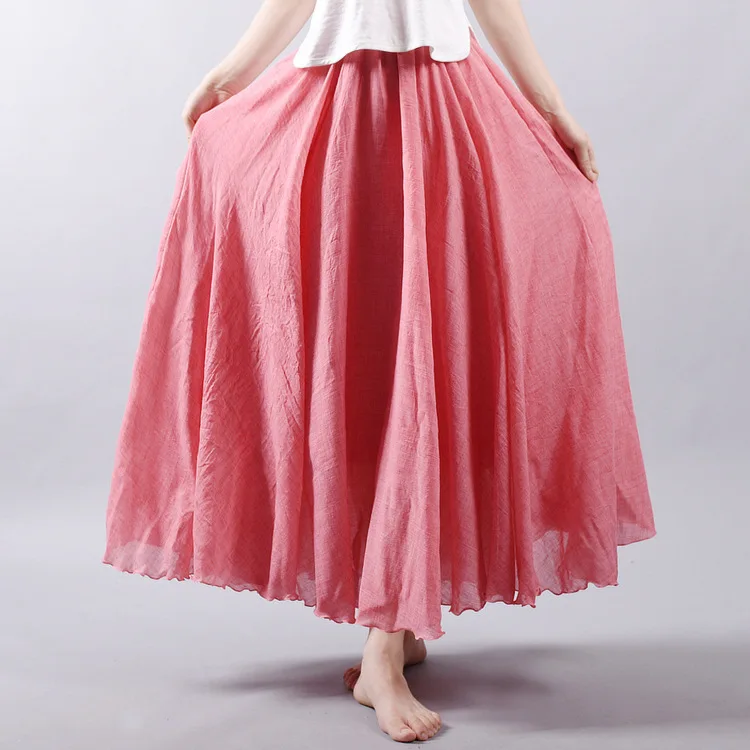 

Модная женская юбка из хлопка и льна, красная, длинная, с высокой талией, эластичная, а-силуэта, плиссированная, в этническом стиле, в стиле ре...