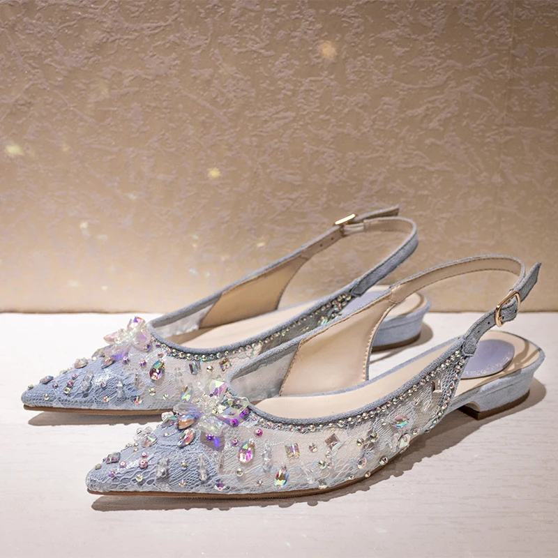 

Женские туфли с острым носком Стразы с кристаллами на низком каблуке сетчатые туфли сандалии с ремешком на пятке из натуральной кожи для де...