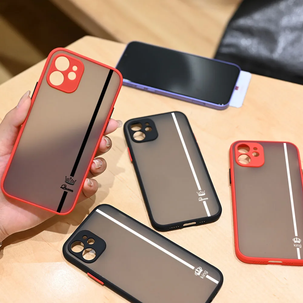 

King & Queen Pattern Lovers Pairs Couple's Matte Shockproof Phone Case for iPhone 13 11 12 Pro Max X XS XR 6s 7 8 Plus SE2 Mini