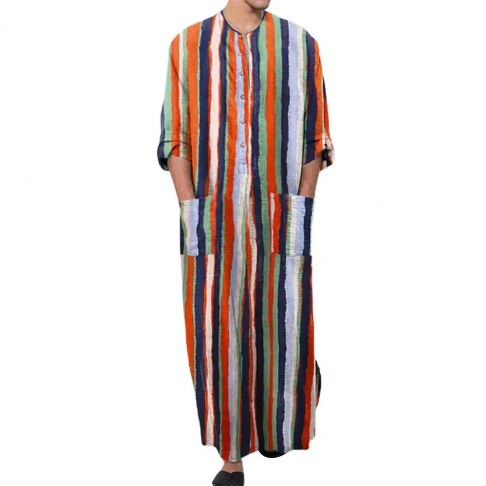 

Men Islamic-Arab Muslim Kaftan Round Collar Long Sleeve Pockets Vintage Robes Middle East Solid Men Striped M-4XL