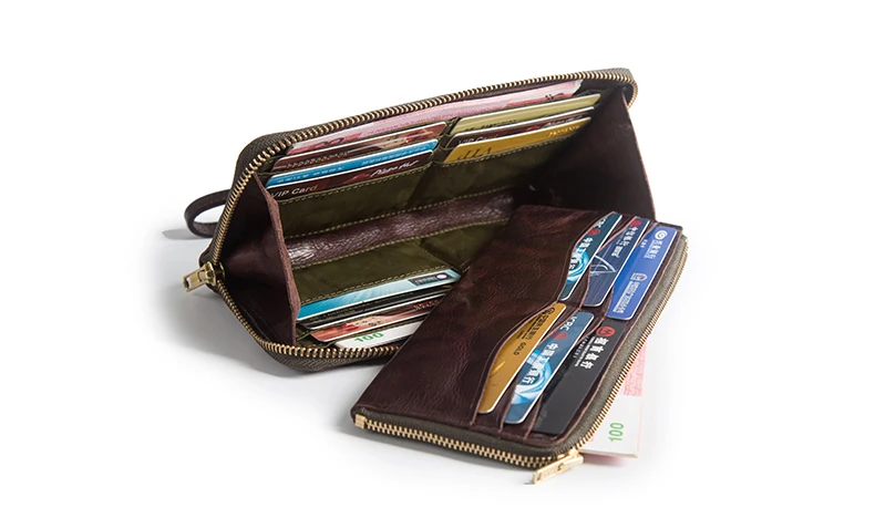High Quality Vintage Real Cowhide Men Wallet Cash Purse Zipper Modern Stylish Male Long Day Clutches Wristlets Wallet Card Case