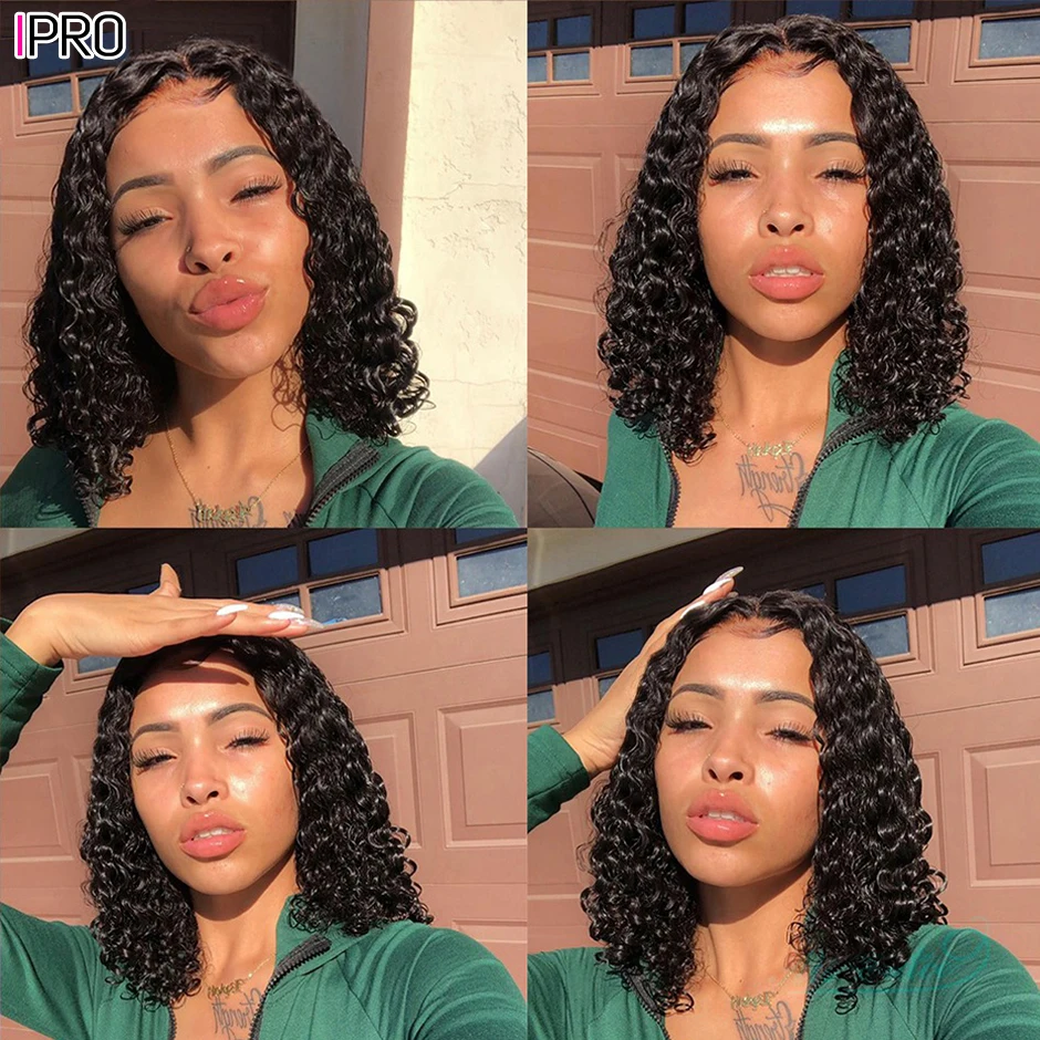 IPRO Water Wave Short Bob Wig 13x4 Natural Lace Front Human Hair Wigs 4x4 Preplucked Wavy Curly Closure For Women | Шиньоны и парики