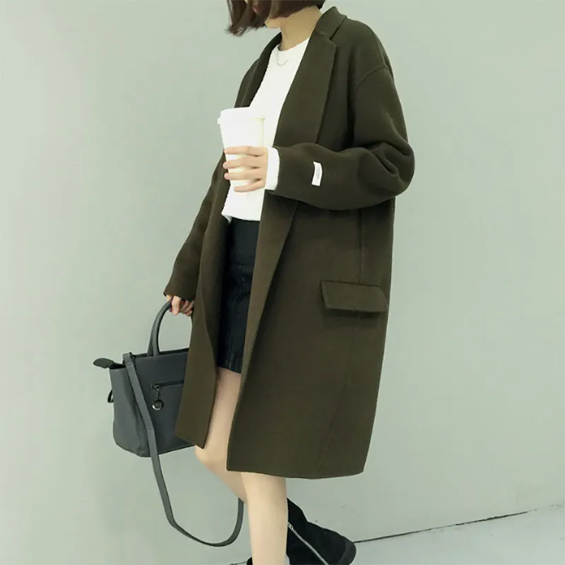 

Women Winter Coat Warm Thick Slim Retro Coat Solid Color Long Sleeve Lapel Jacket Woolen Outwear Y
