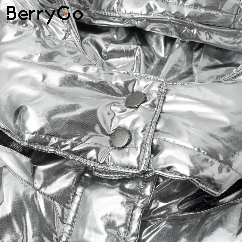 BerryGo/серебряное зимнее женское пальто с капюшоном Дамская парка на молнии с карманами, большие размеры, толстые теплые пуховые куртки, верхняя одежда