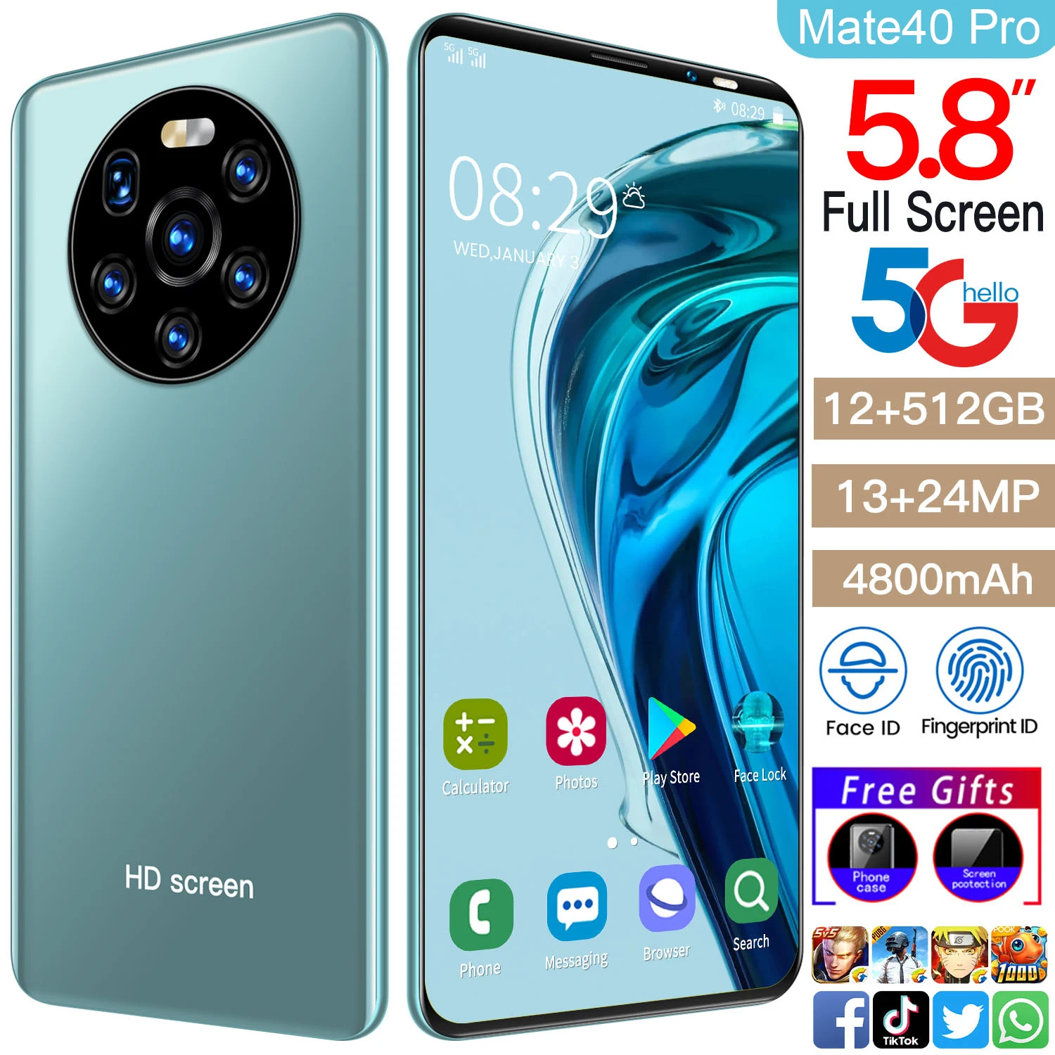 

Global Version Mate40 Pro 5.8inch Smartphone 4800mah Android 10 Dual SIM 5G 13MP+ 24MP HD Camera Face Wake 12GB+512GB CellPhone