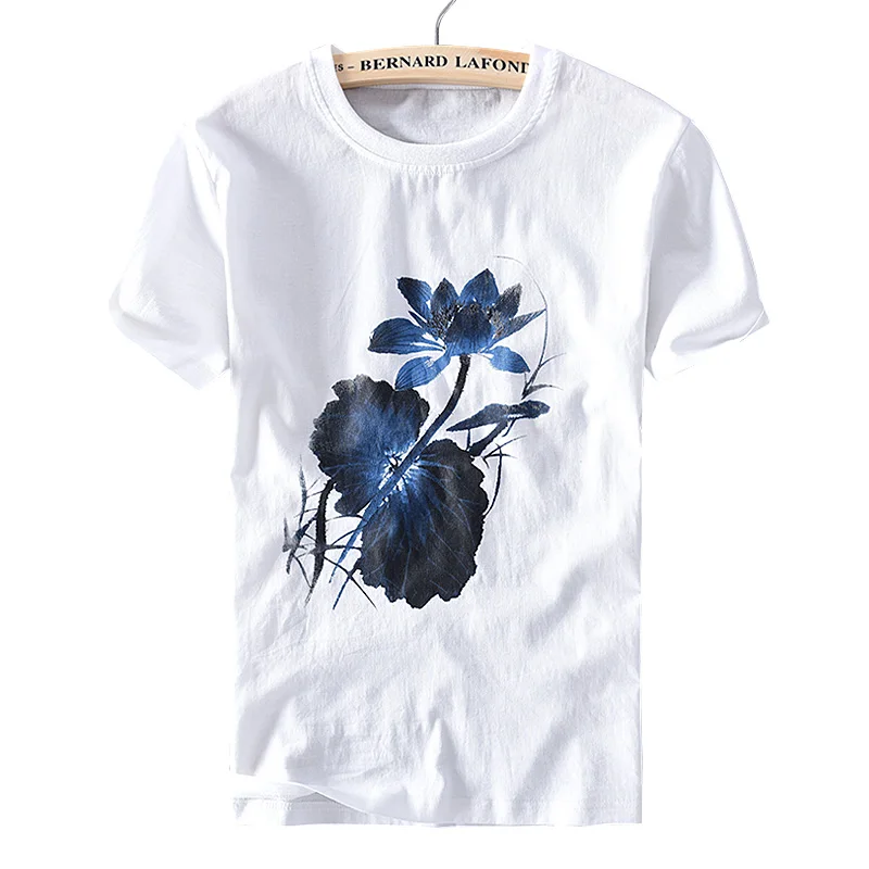 Мужская Повседневная футболка с принтом белая льняная круглым вырезом лето