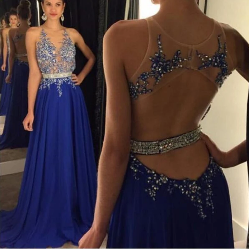 

New Blue Evening Dresses Long Chiffon A-Line V-Neck Party Dress Lace Appliques Crystal Beading Evening Formal Gowns