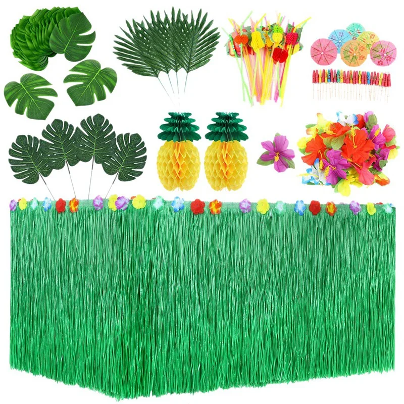 

107 Pcs Tropical Party Decoration Set with Hawaiian Table Skirt Palm Leaves Hawaiian Flowers Tissue Pineapple Umbrellas and 3D F