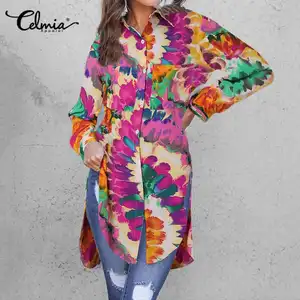 2021 модные рубашки Celmia, женские осенние винтажные блузки с длинным рукавом и принтом, Элегантная туника с лацканами, офисные женские блузки