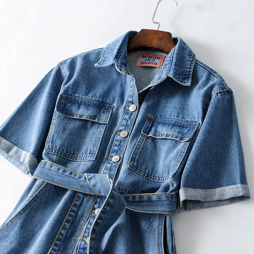 

Summer 2020 hot style single breasted belt elastic denim jumpsuit hot shorts