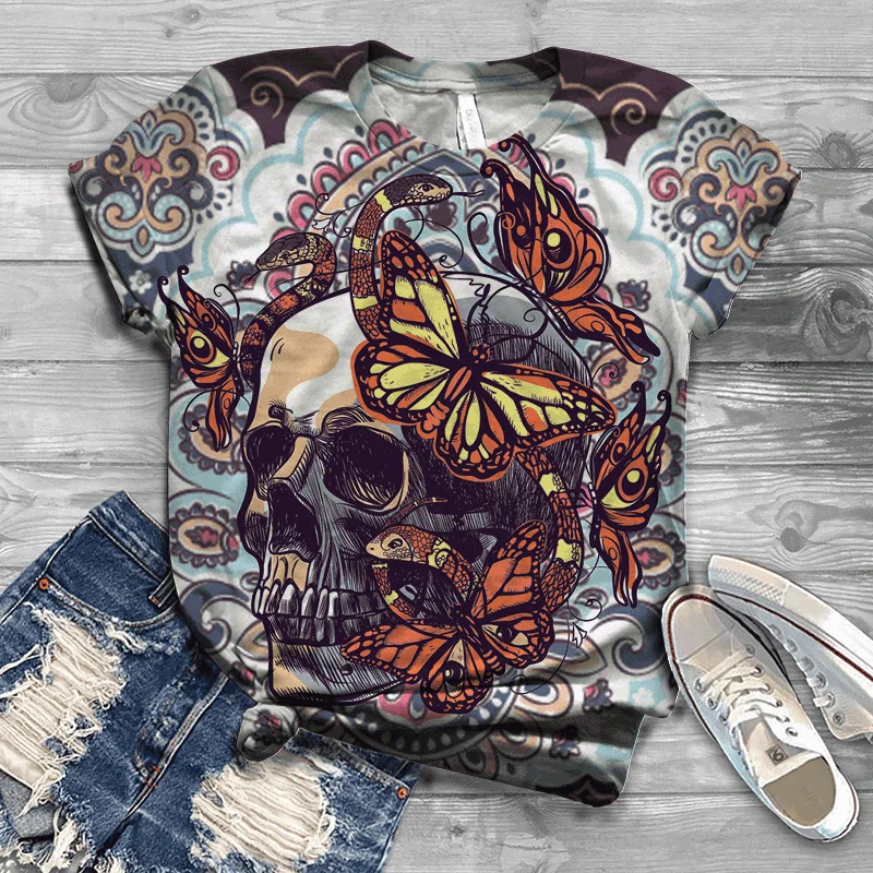 

Summer new Harajuku European and American ladies T-shirt 3D printing butterfly top casual T-shirt