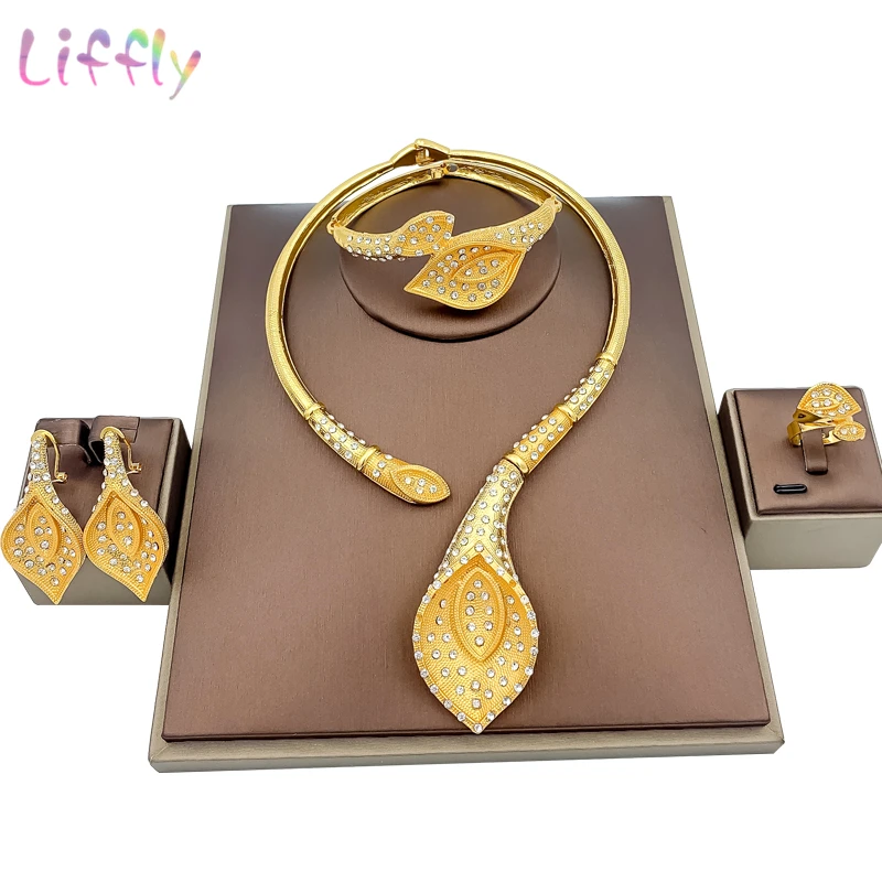 

Liffly New Luxury Dubai Gold Colorful Jewelry Sets Nigerian Wedding Necklace Ring for Women African Beads Costume Jewelry Set