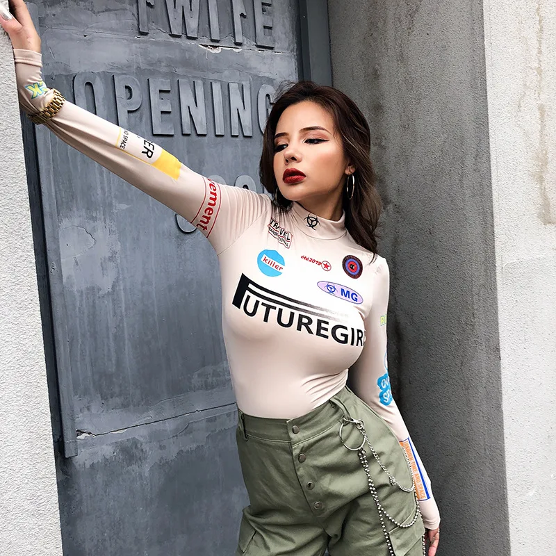 Боди женское в байкерском стиле облегающее боди с длинным рукавом надписью и