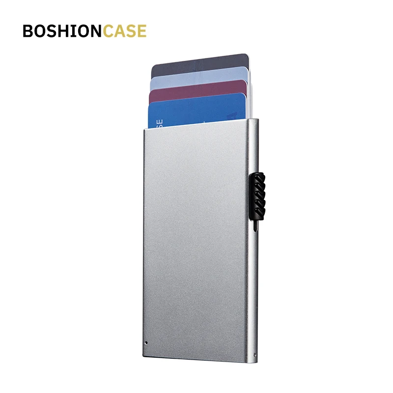 

BOSHIONCASE Slim Wallet Men Rfid Protector Push Down Pop Up Aluminum Credit Card Holder Automatic Travel ID Metal Case Tarjetero