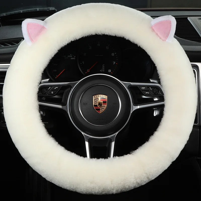 

Fluffy Plush Car Steering Wheel Cover With Cute Animal Ears Furry Cat Bunny Car Steering Covers Universal 38cm For Women Girl
