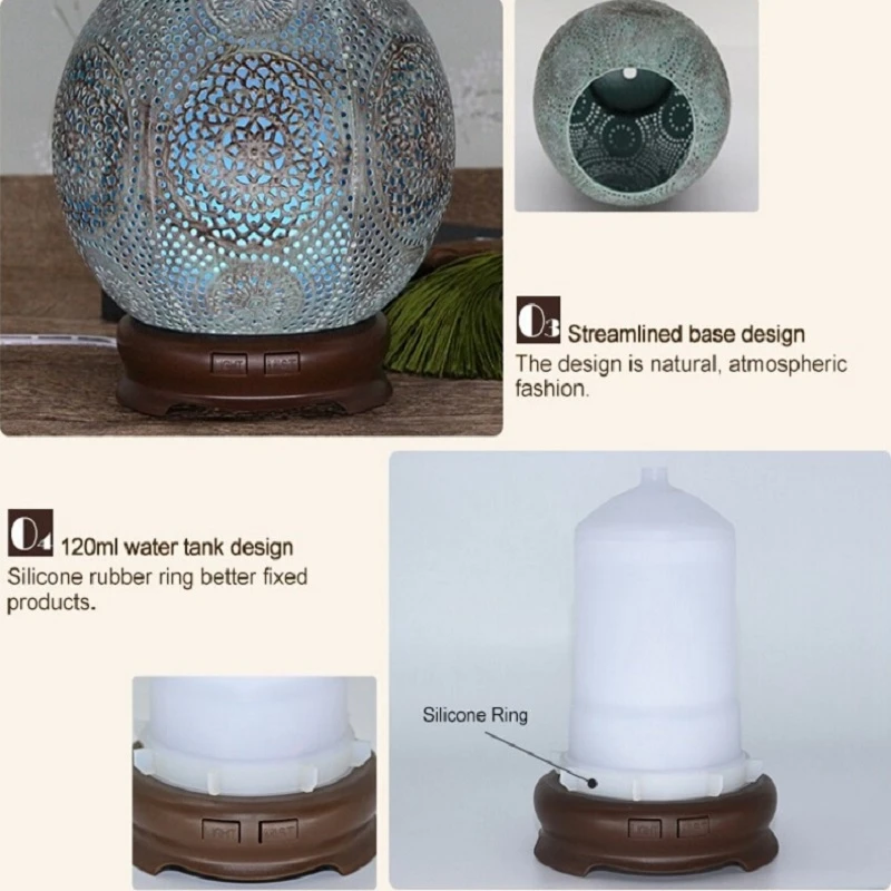 

120Ml Handmade Iron Ultrasonic Air Humidifier Electronic Aromatherapy Essential Oil Diffuser for Home with Colorful Lights