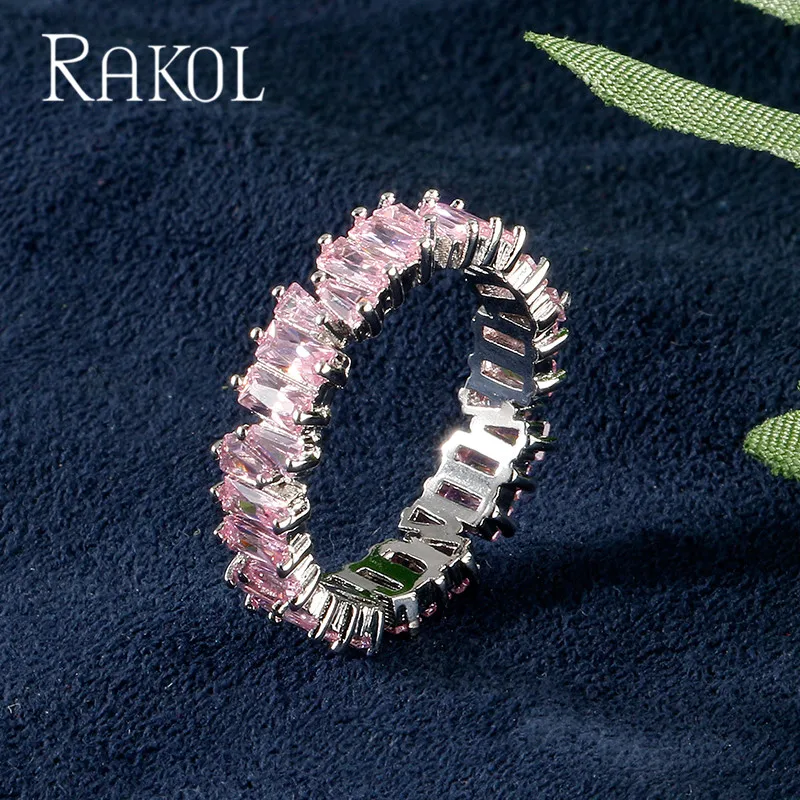 Pink RAKOL, новинка, модное, роскошное, очаровательное, AAA, багет, кубический цирконий, обручальное кольцо для женщин, многоцветная, Т-образная форма, Cz камень, вечерние ювелирные изделия - Цвет основного камня: Pink
