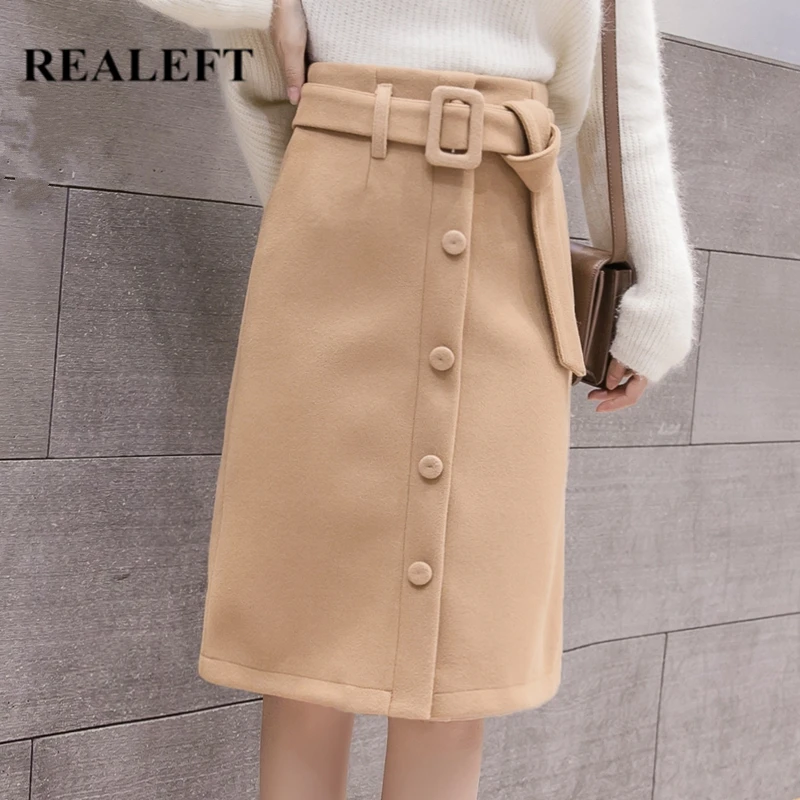 REALEFT 2019 новые женские осенне-зимние теплые шерстяные юбки средней длины цвета