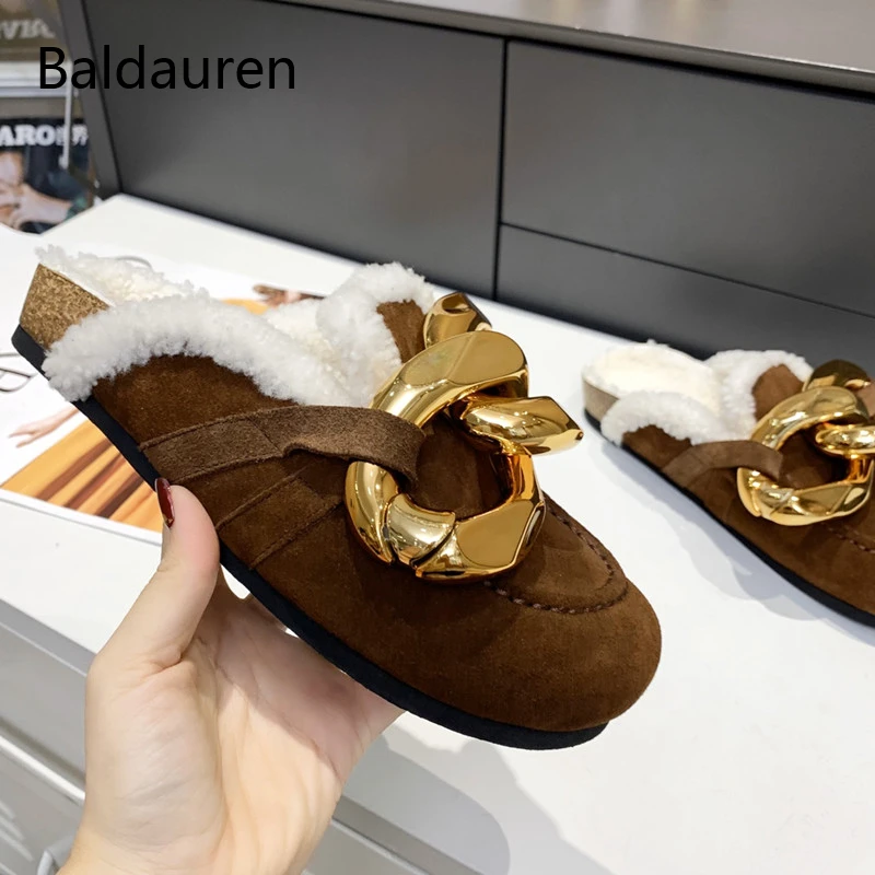 

Baldauren Women Slippers Free Shipping Brand Design Luxury Wool Warm Indoor Slidders Women Flats Winter Shoes Metal Chain