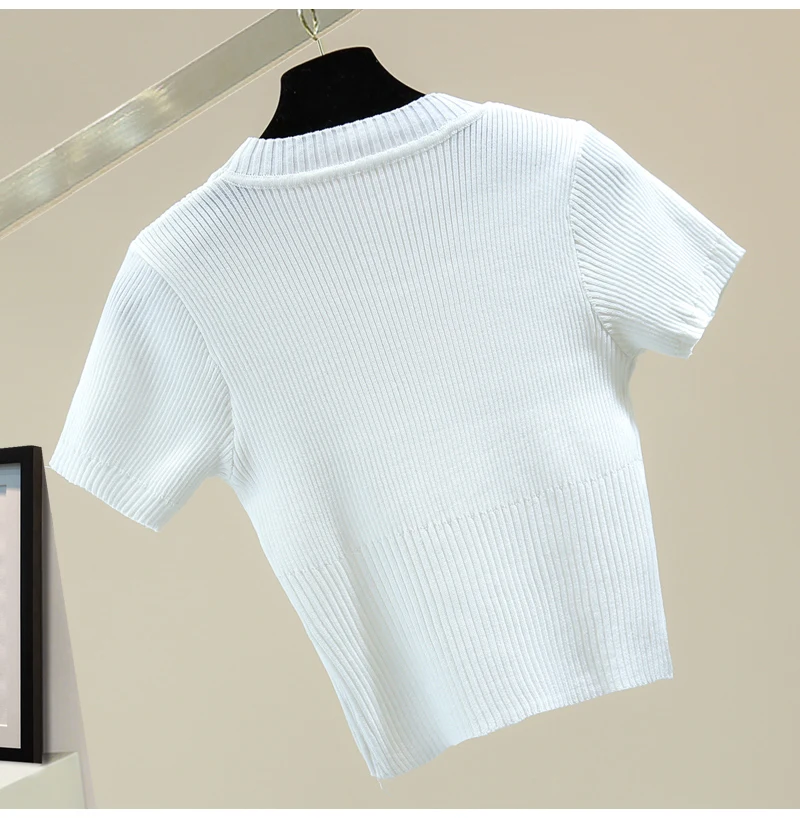 

Three-Dimensional Flower Beaded Short Sleeve Stretch Knitted T-shirt Women 2021 Summer Korean Style Slim Fit Crop Top Femme