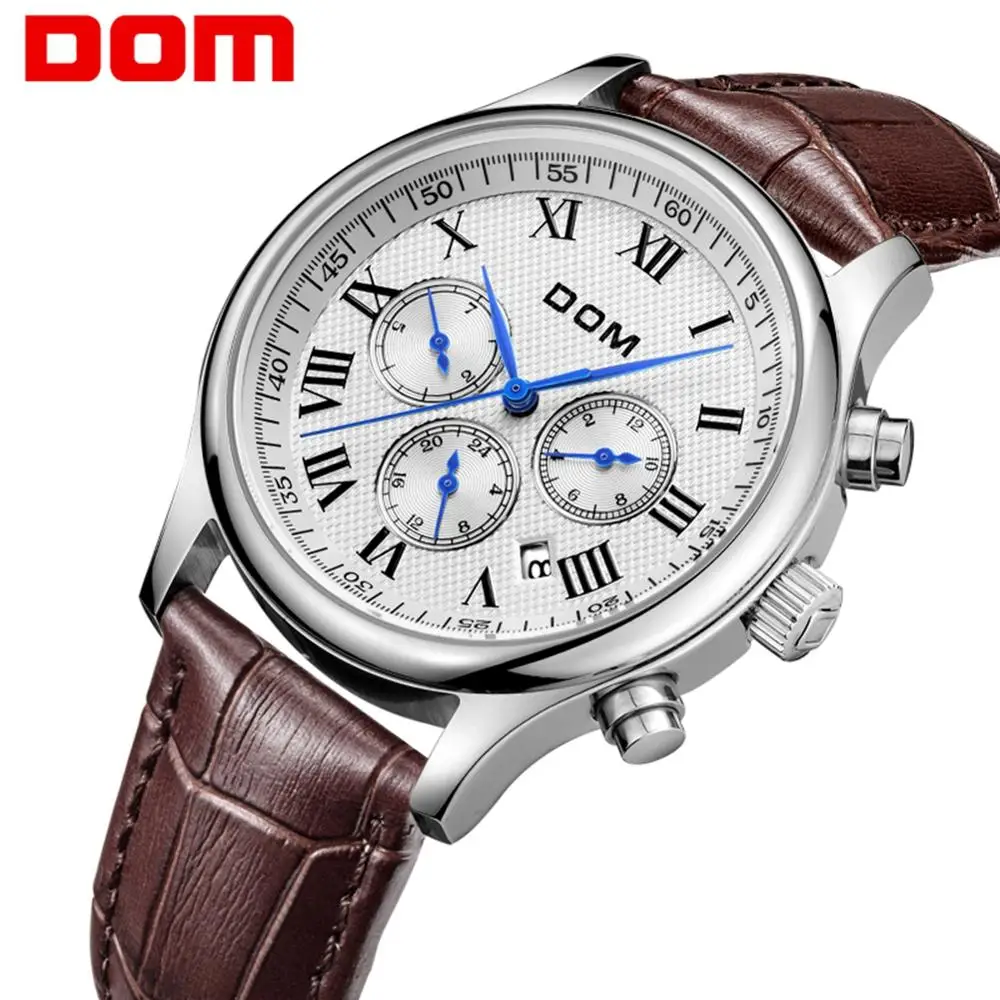 

DOM men watches top brand luxury waterproof mechanical wristwatch leather three dials men Business relogio masculino M-56L-7M
