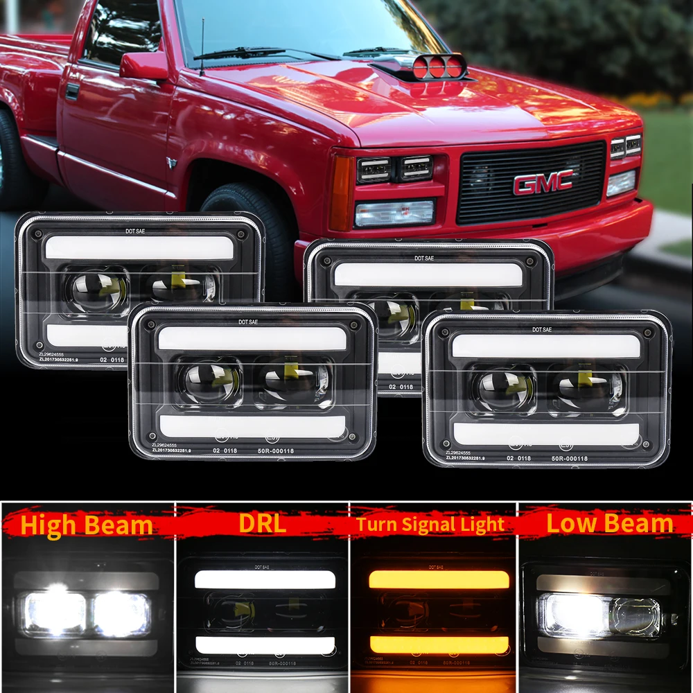 MOVOTOR 4x6'' LED Headlights 4 Pcs with White DRL Amber Halo High Low Beam Seal for Truck H4651 H4656 | Автомобили и