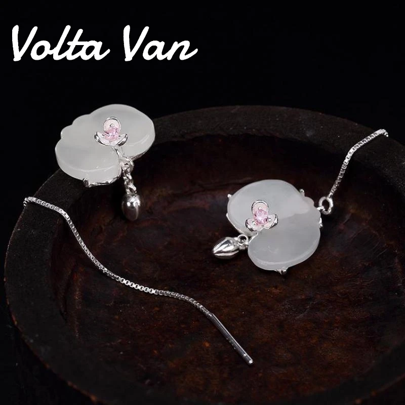 

Volta Van 2022 New Drop Earrings 925 Sterling Silver Natural Jade Pendientes Plata Fine Jewelry Elegant Flower Design Earrings