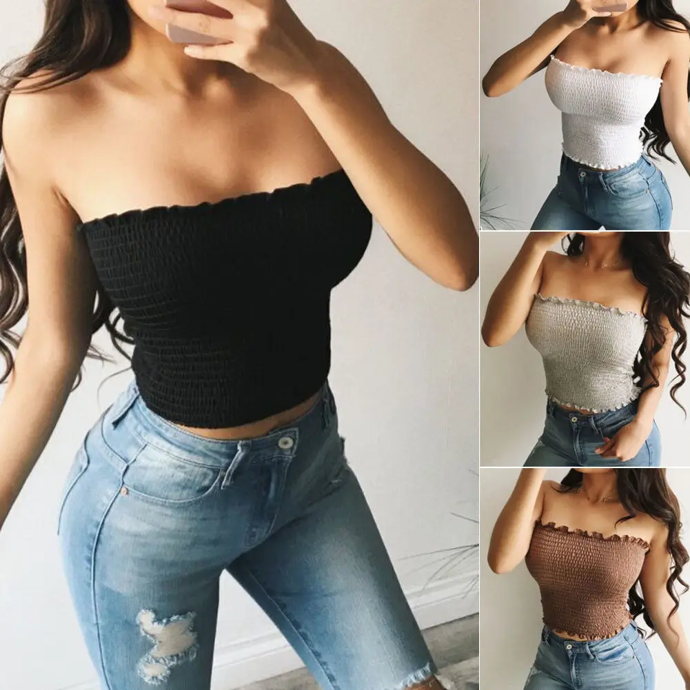 

Women Sheering Boob Off Shoulder Elastic Tube Top Gather Smoken Strapless Bandeau Sexy Ladies Shirred Crop Top