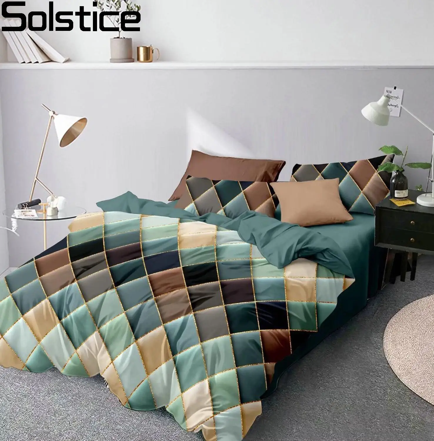 

Solstice 3D Green Luxurious Quilt Cover Bedding Set Geometric Rhombus Lattice Bed Linens Duvet Cover Pillowcase Comforter Sets